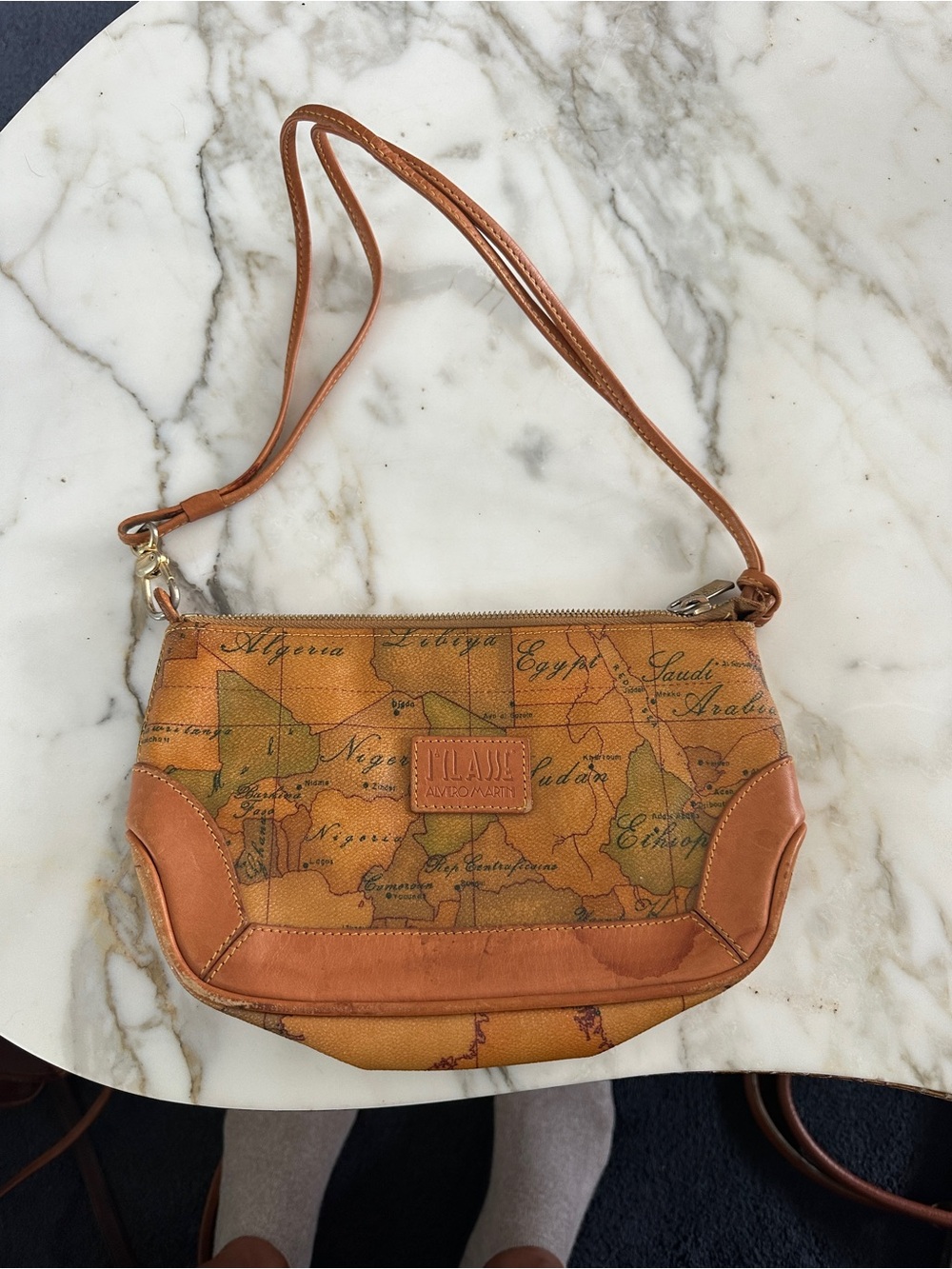 Alviero Martini Tan Map-Print Mini shoulder Bag